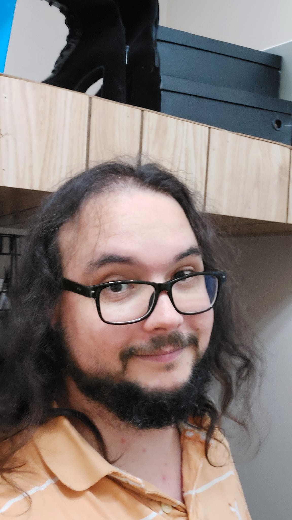 A man with long dark hair and a beard stands in a well lit room, photo 1